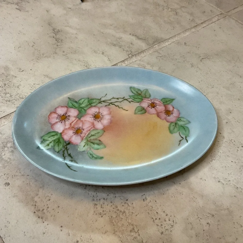 Vintage Irene Arden 1985 Hand Painted Floral Porcelain Oval Platter Signed